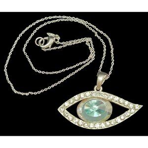 Vintage Blue Evil Eye Silvertone Pendant Necklace